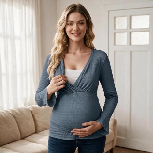 OUGES Women's Maternity Shirts Long Bell Sleeve Casual V Neck Tops Fall Fashion Textured Pregnancy Blouse - color: Blue, size: Small