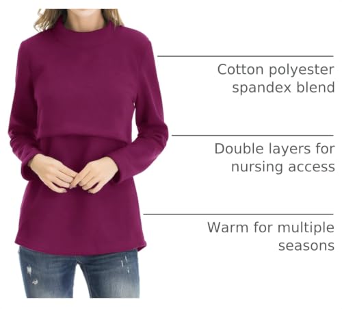 Smallshow Women's Fleece Nursing Tops Shirts Long Sleeve Breastfeeding Clothes - color: Burgundy, size: Medium