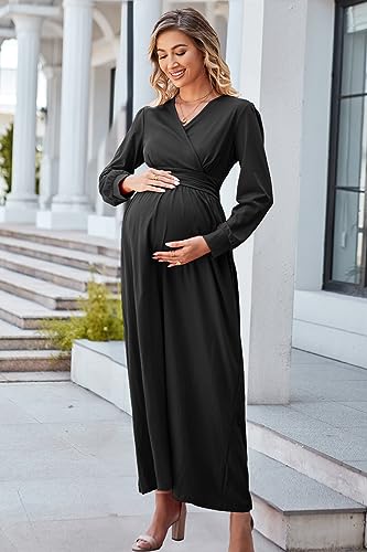 OUGES Women's Wrap Pregnancy Maxi V Neck Fall Baby Shower Maternity Dress - color: Black, size: X-Large
