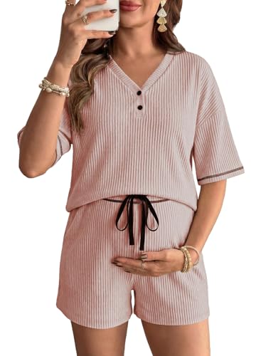 BLENCOT Maternity Pajamas Nursing Set Shorts Pregnancy Pj Sets - color: Light Pink, size: X-Large