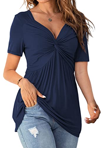 Tankaneo Womens Front Knotted V-Neck Blouse T Shirt Short Sleeve Oversized Tunic Tops Summer Solid Pullover Tees - color: B14-navy Blue, size: X-Large