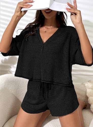 BLENCOT Maternity Pajamas Nursing Set Shorts Pregnancy Pj Sets - color: Black, size: Medium