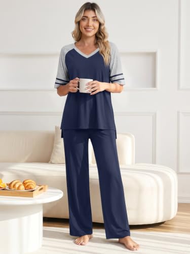 Anyhold Lounge Sets for Women Fall Pajamas Set 2 Piece Outfits - color: Navy Blue, size: Small