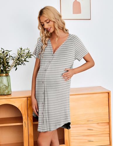 Ekouaer 3 Pack Nightgowns for Women Button Down Night Gowns with Pockets - color: Black/Dark Grey/Grey Striped, size: 3X-Large