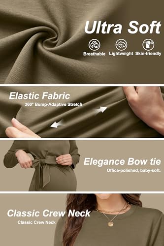 OUGES Women's Bow Tie Waist Maternity Shirts Long Sleeve Pregnancy Tops Crew Neck Fall Winter Elegant Business Blouse - color: Green, size: Small
