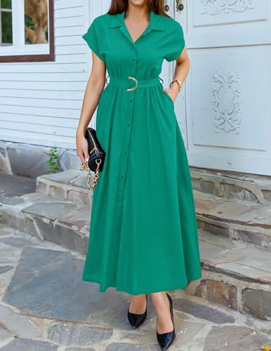 ZESICA Women's Summer Button Down Short Sleeve Midi Dress - color: Green, size: Small