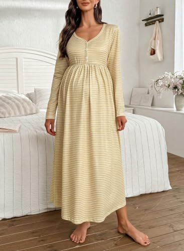 BLENCOT Maternity Dress V Neck Long Sleeve Striped Button Down Maxi Dresses - color: Yellow, size: Large