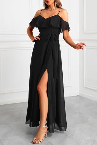 Formal Dresses Off the Shoulder Chiffon A-Line Long Dress Split Women - color: Black, size: Small