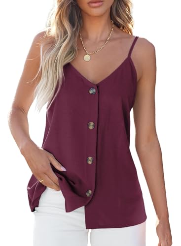BLENCOT Womens Summer Spaghetti Strap Tank Tops Button Casual Camisoles - color: Wine, size: Medium