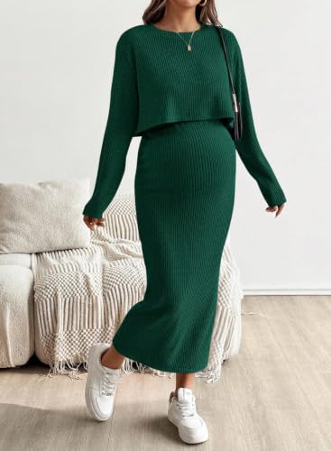 BLENCOT Maternity 2 Piece Outfits Ribbed Knit Crop Top Midi Skirt Set - color: Blackish Green, size: Small