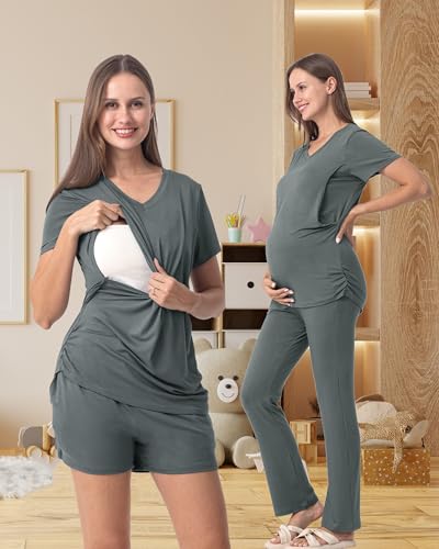 Rnxrbb 3 Piece Maternity Nursing Pajamas Set for Women Postpartum Pjs - color: Cyangray, size: XX-Large