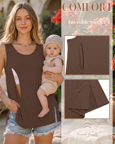 Huukeay 3 Pack Women's Oversized Nursing Tank Tops - color: Brown, White, Gray, size: Small