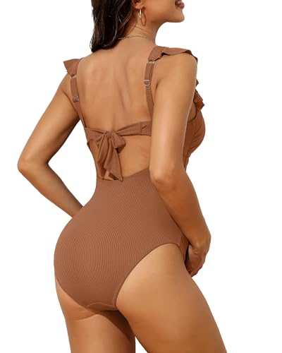 Charmo Ruffle Maternity Bathing Suits Ribbed Tie Knot Pregnancy Swimsuit - color: Caramel, size: Small