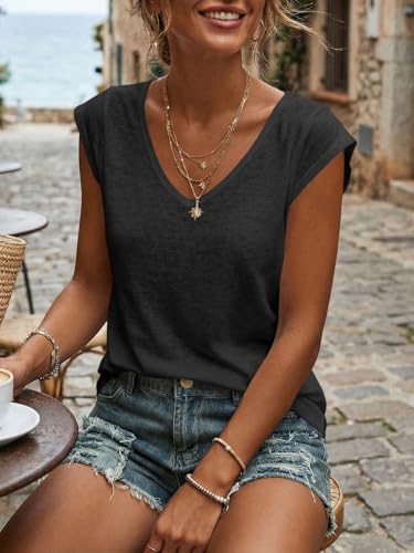 Langwyqu Womens' Cap Sleeve Tees Casual Loose Fit Basic Shirts Tank Tops - color: 00- Black, size: Large