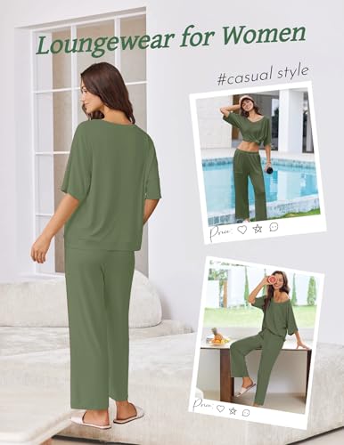 Ekouaer Lounge Sets for Women Comfy Pajamas Set 2 Piece Outfits - color: Army Green, size: Large