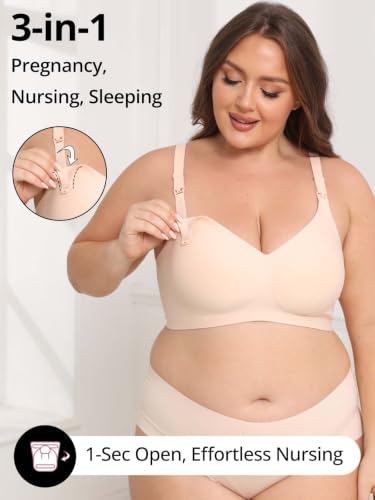 Jelly Support Wireless Nursing Bra V Neck Front Easy Open Clips Maternity Breastfeeding Bralette - color: Beige, size: 3X-Large
