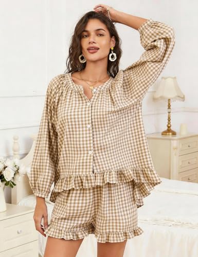 Flygo Womens Gingham 2 Piece Pajama Sets Y2K Cotton Ruffle Short Sets - color: Brown, size: X-Small