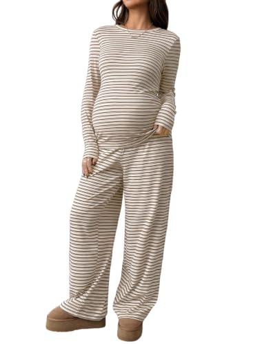 BLENCOT Maternity 2 Piece Outfits Striped Long Sleeve Pregnancy Set - color: Apricot, size: Large