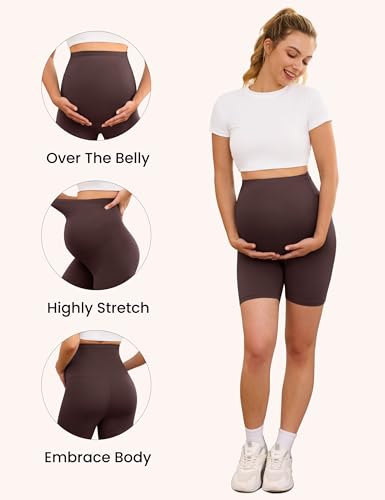 VALANDY Creamlush 4 Pack Comfy Maternity Biker Shorts Over the Belly 5" - color: 4 Packs - Black/Dark Grey/Khaki/Brown, size: Medium