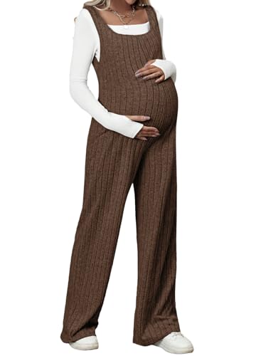 BLENCOT Maternity Jumpsuit Sleeveless Square Neck Wide Leg Pants Romper - color: Brown, size: Medium