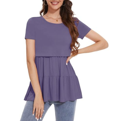 Bearsland Short Sleeve Nursing Top - color: Purple & Khaki & Green-white Flower, size: Medium