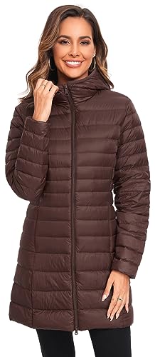 Obosoyo Women's Winter Packable Down Jacket Plus Size Ultralight Long Down Outerwear Puffer Jacket Hooded Coat - color: Coffee, size: X-Large