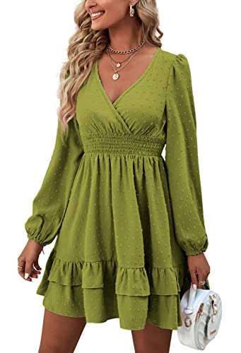 Rooscier Women's Wrap V Neck Swing Ruffle Swiss Dots Long Sleeve Mini Dress - color: Grass Green, size: Small