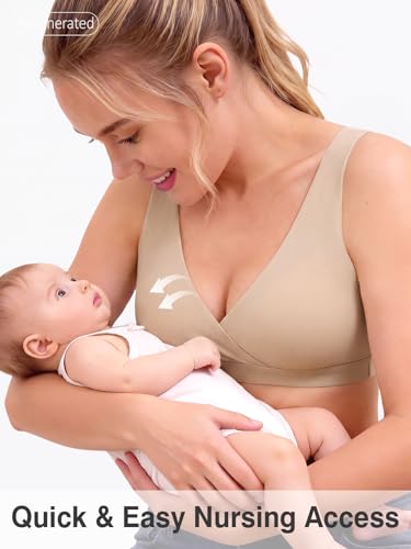 Nursing Bra for Breastfeeding Wireless V Neck Sleep Bra - color: Beige, size: Small
