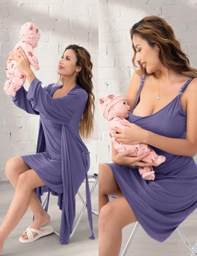 SUNNYBUY Nursing Nightgown & Maternity Robe Set for Postpartum Sleepwear - color: Purple Blue, size: Medium