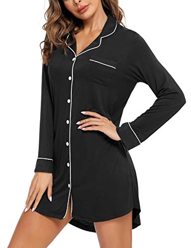 Samring Nightgowns for Women Long Sleeve Button Down Night Gown Sleepshirts - color: Black, size: Medium