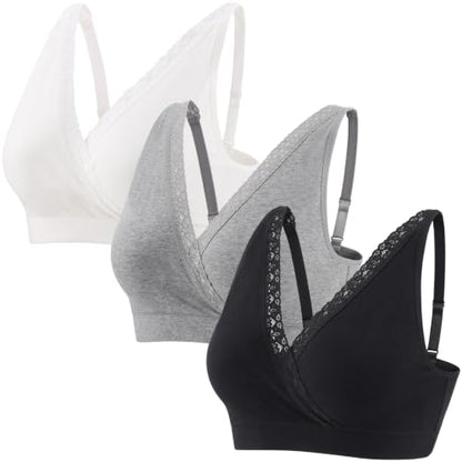 Wireless Cotton Nursing Bra for Sleep& Maternity, Pregnancy Breastfeeding Top, Adjustable Straps, Full Coverage - color: Black+grey+white/3pack, size: Medium