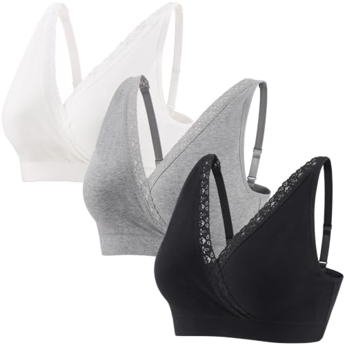 Wireless Cotton Nursing Bra for Sleep& Maternity, Pregnancy Breastfeeding Top, Adjustable Straps, Full Coverage - color: Black+grey+white/3pack, size: Medium