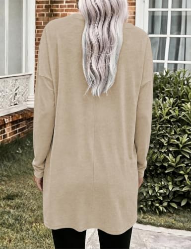 Poetsky Womens Tunic Tops for Leggings with Pockets Side Buttons Batwing Long Sleeve Casual Long Tee Shrits Fall Clothes - color: Apricot, size: Medium