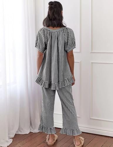 COZYPOIN 100% Cotton Pajamas for Women Set Cute Gingham Lounge Set - color: Black, size: Small
