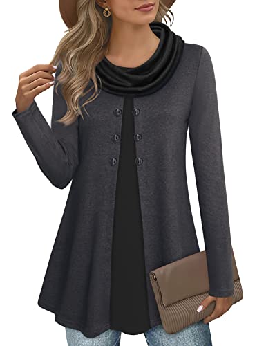 Bebonnie Womens Long Sleeve Cowl Neck Warm Splicing Tunic Tops with Buttons - color: Dark Grey, size: Medium