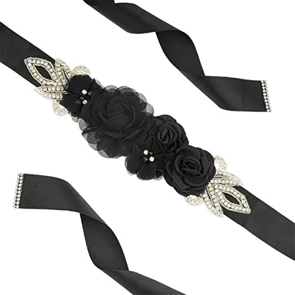 Huralona Wedding Sash Belt Satin Ribbon with Flowers Pearls Rhinestone - color: Black