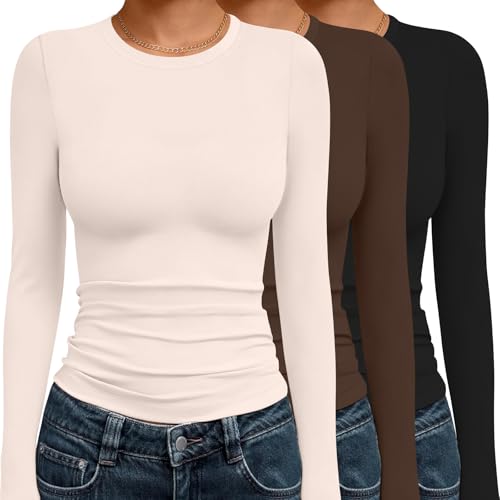 3 Pack Long Sleeve Shirts for Women Basic Crew Neck Tops Thermal T-Shirts - color: Black/Brown/Beige, size: Medium