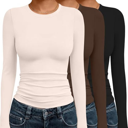3 Pack Long Sleeve Shirts for Women Basic Crew Neck Tops Thermal T-Shirts - color: Black/Brown/Beige, size: Medium
