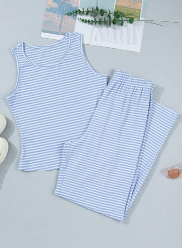 BLENCOT Maternity Clothes Striped Sleeveless Sets Casual 2 Piece Outfits - color: Sky Blue Stripe, size: Small