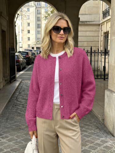 LILLUSORY Womens Crew Neck Button Down Cardigan Sweater - color: Hot Pink, size: X-Large