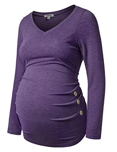 GINKANA Maternity Shirt Long Sleeve Basic Top Ruch Sides Buttons Tshirt for Pregnant - color: Purple, size: Large