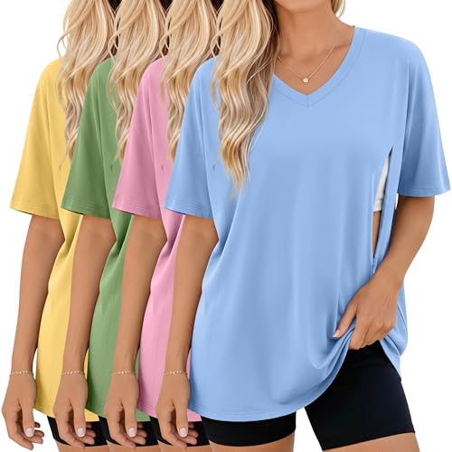 4 Pack Women's Oversize Nursing Tops - color: Light Blue, Pink, Light Green, Yellow, size: X-Large