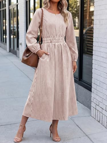 ANRABESS Women's Long Sleeve Striped Fall Midi Dress with Pockets - color: Light Brown White Stripe, size: Medium