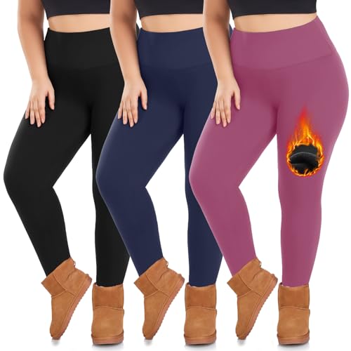 we fleece 3 Pack Plus Size Fleece Lined Leggings for Women - color: Black/Navy/Dark Pink, size: XX-Large