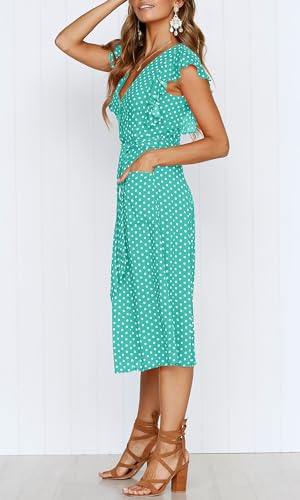 MITILLY Women's Boho Polka Dot Flutter Short Sleeve V Neck Button Down Swing Midi Dress with Pockets - color: 12 Lake Green, size: Large