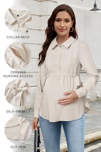 OUGES Women's Maternity Nursing Shirts Long Sleeve Hidden Zippers Pregnancy Blouse Button Down Work Office Tops 2025 - color: Apricot, size: X-Large