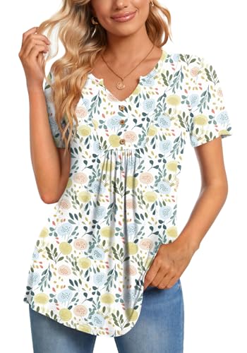 CATHY Womens Short Sleeve Tunic Tops Henley Shirt V Neck Button Up Blouse Casual Pleated Basic Pullover - color: Macaron Fl Grass, size: 3X-Large
