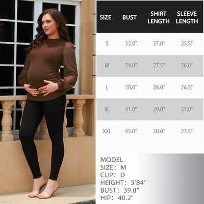 Bhome Mock Neck Maternity Shirt Ribbed Knit Maternity Blouse Mesh Long Sleeve Fitted Pregnant Top - color: Chocolate, size: Medium