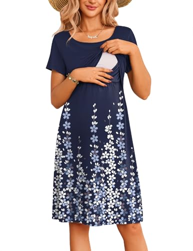 Maternity Summer Dress Breastfeeding Nursing Friendly Pregnancy Dresses - color: Navy Blue Floral, size: Large