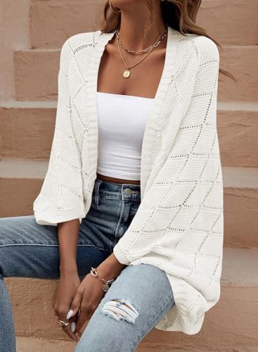 Sidefeel Women's Crochet Oversized Cardigan Sweaters Spring Hollow Out Long Batwing Sleeve Summer Shrugs Lightweight Sweater - color: White, size: Large